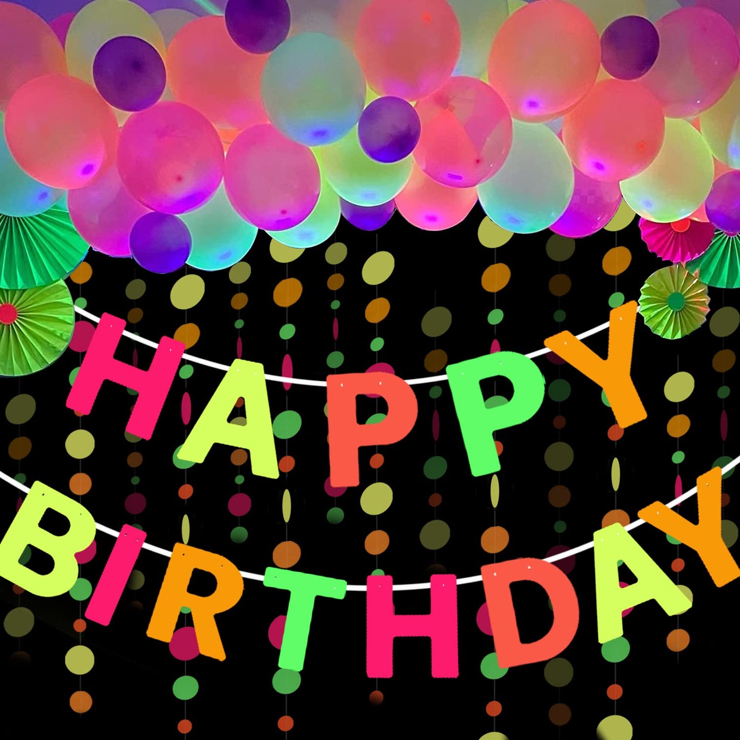 UV Neon Happy Birthday Banner Glow in the Dark Glow Party Supplies Decorations Glow in the Dark Blacklight Reactive Fluorescent
