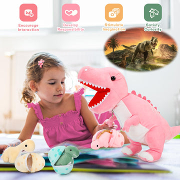 Morismos Dinosaur Stuffed Animal With Babies,23.6'' Big Mommy Stuffed Dinosaur With 3 Baby Dinosaur Stuffed Toys & 3 Eggs Plush Inside Belly, Boy Girl Dinosaur Toys For Kids 3-5, Pink T-Rex Toy