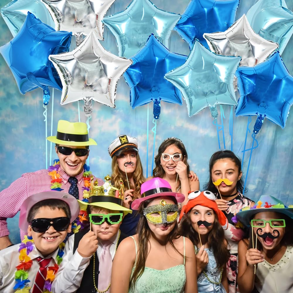 TONIFUL 30Pcs 18 Inch Star Balloons Large Blue Silver Star Shape Foil Balloons Big Star Helium Mylar Balloons for Birthday Weddi