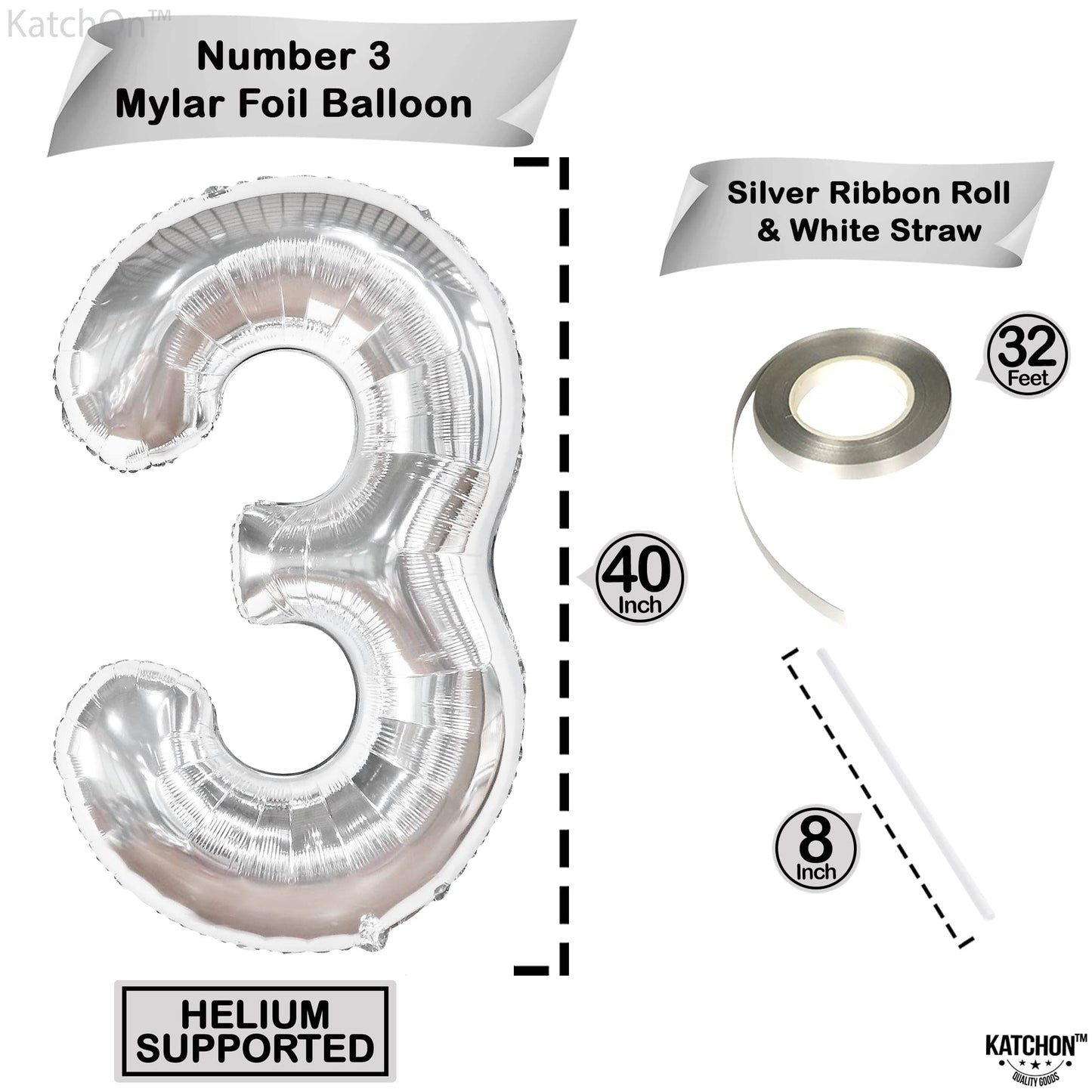 Katchon, Big Silver Number 3 Balloon - 40 Inch | 3 Birthday Balloon, 3Rd Birthday Decorations For Girls | 3 Balloon Number, 3 Year Old Balloons Birthday | Silver 3Rd Birthday Decorations For Boys