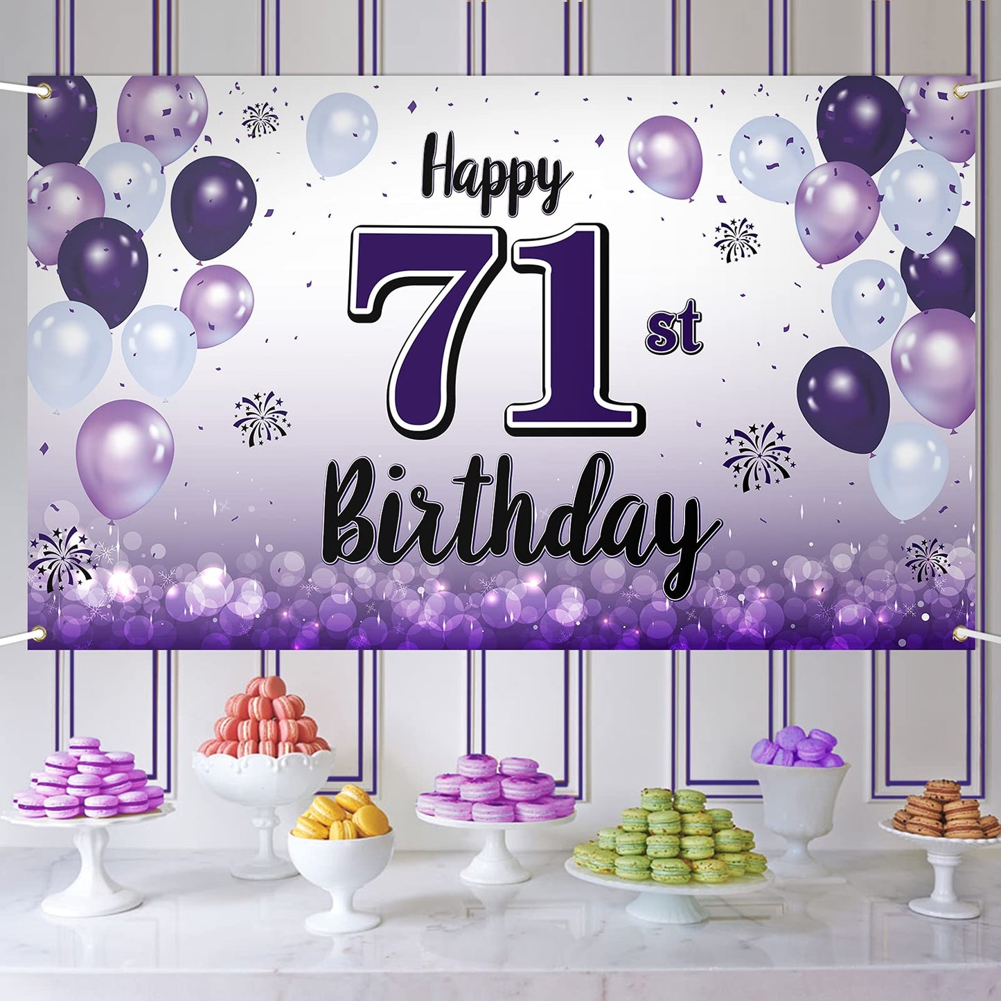 LASKYER Happy 71st Birthday Decorations,71st Purple Balloon Large Birthday Banner Backdrop Sign,71 Years Old Bday Party Supplies