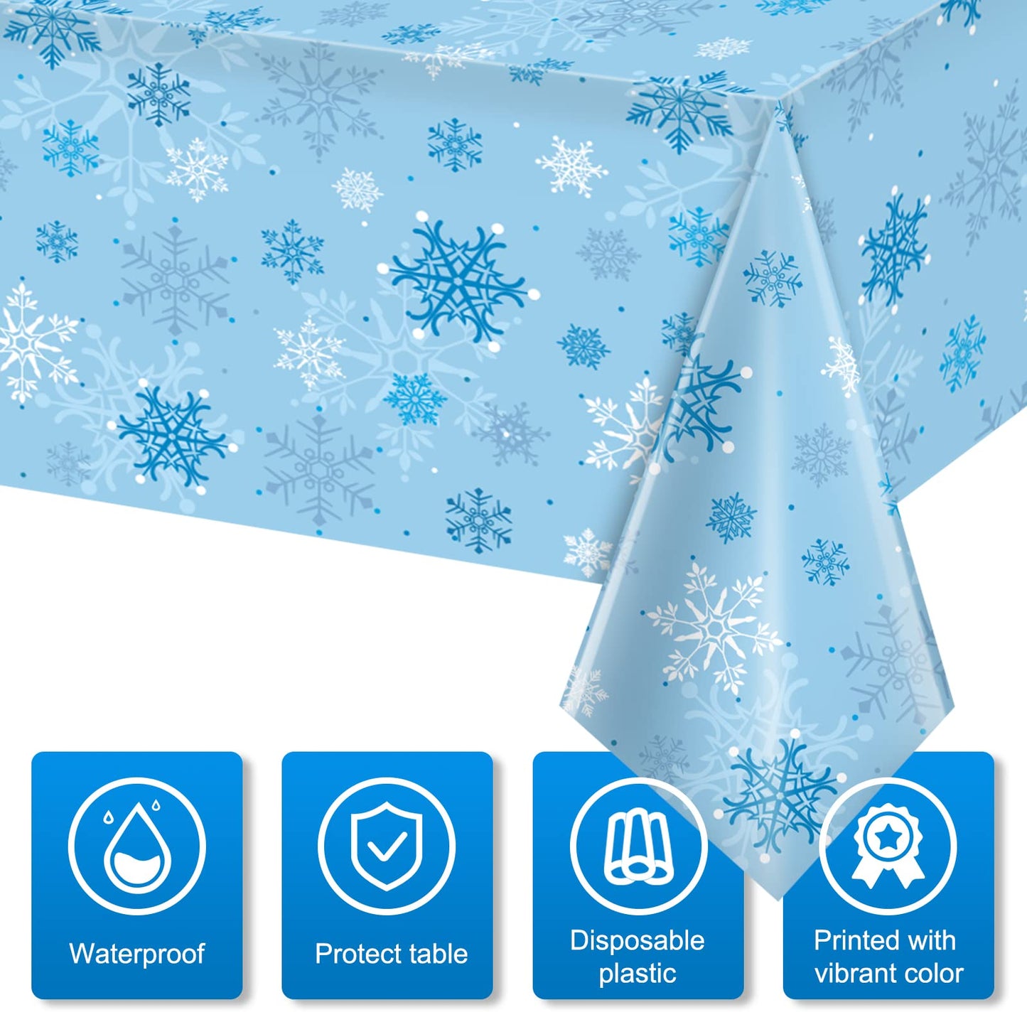 3 Pieces Snowflake Christmas Tablecloth, Plastic Ice Blue and White Winter Wonderland Table Cover for Holidays, 54x108 inch