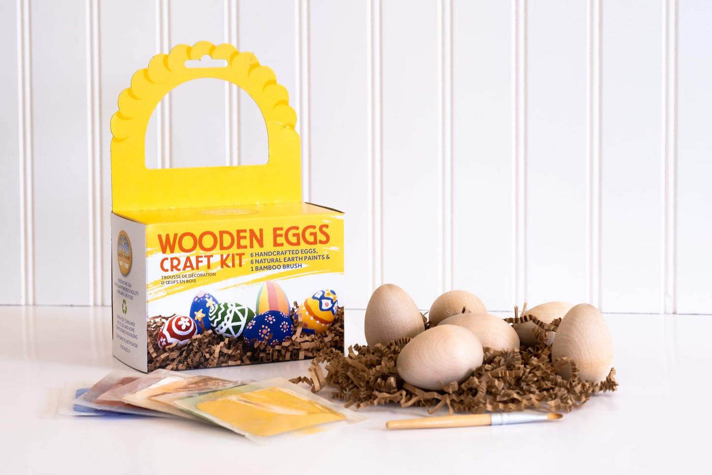 Natural Earth Paint Wooden Egg Kit - 6 Non-Toxic, Eco-Friendly Paints & Bamboo Brush - Easter Egg Decorating & Craft Set - Compo