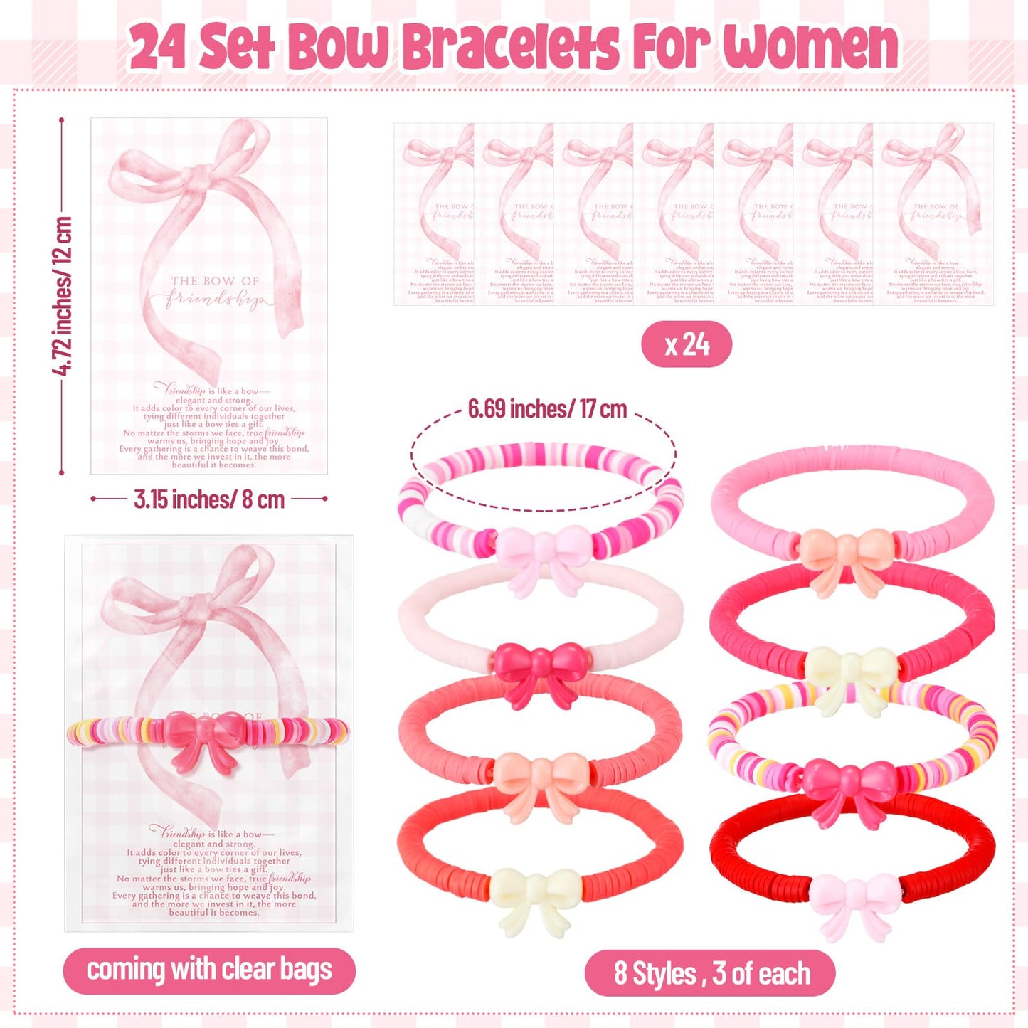 Zeyune 24 Set Pink Bow Friendship Bracelets Friendsgiving Gifts Clay Bead Adjustable Bestie Friendship Bracelets Inspirational C
