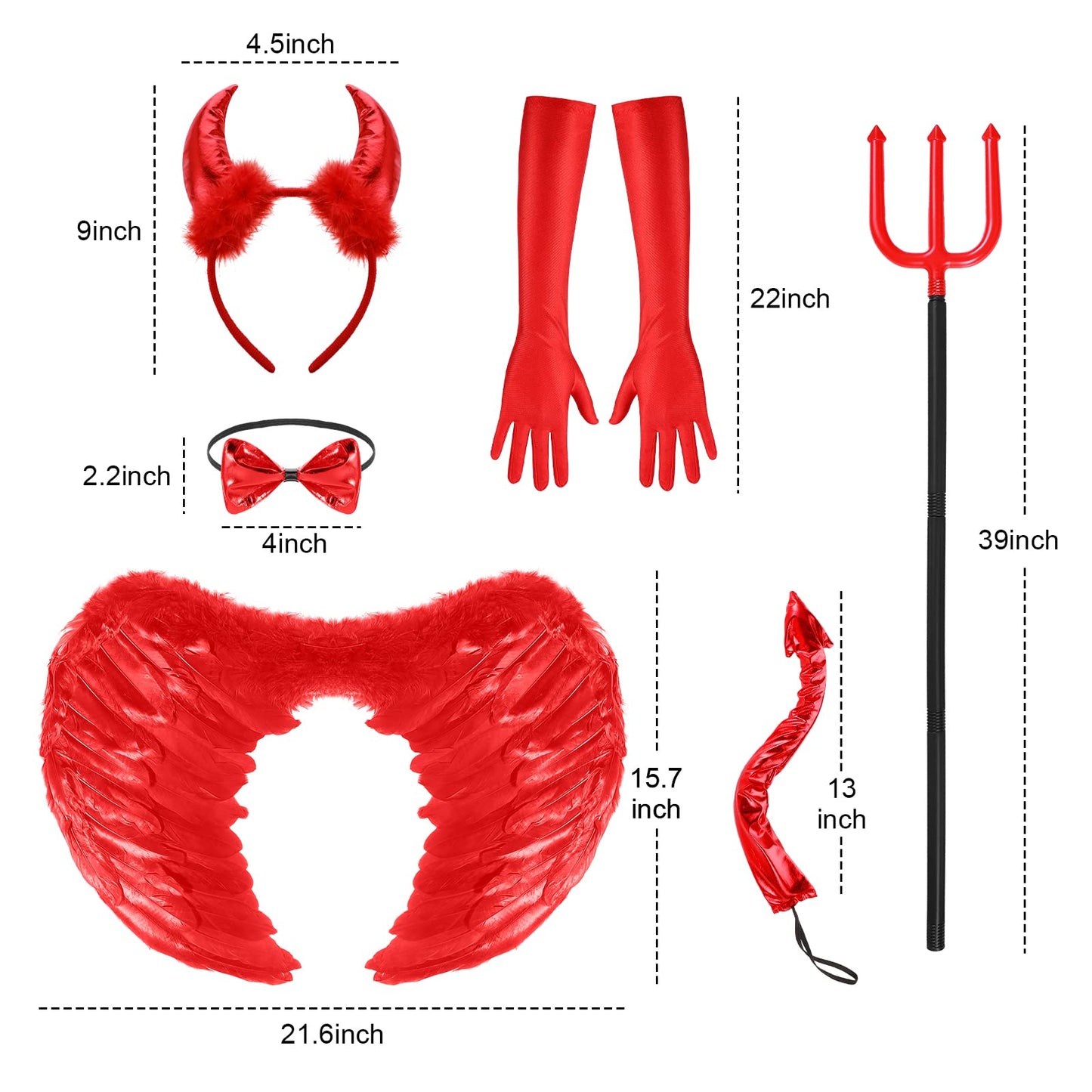 Hillban 6 Pcs Halloween Devil Costume Set Include Sequin Red Horns Headband Devil Tail Bowtie Devil Wings Long Gloves Devil Fork