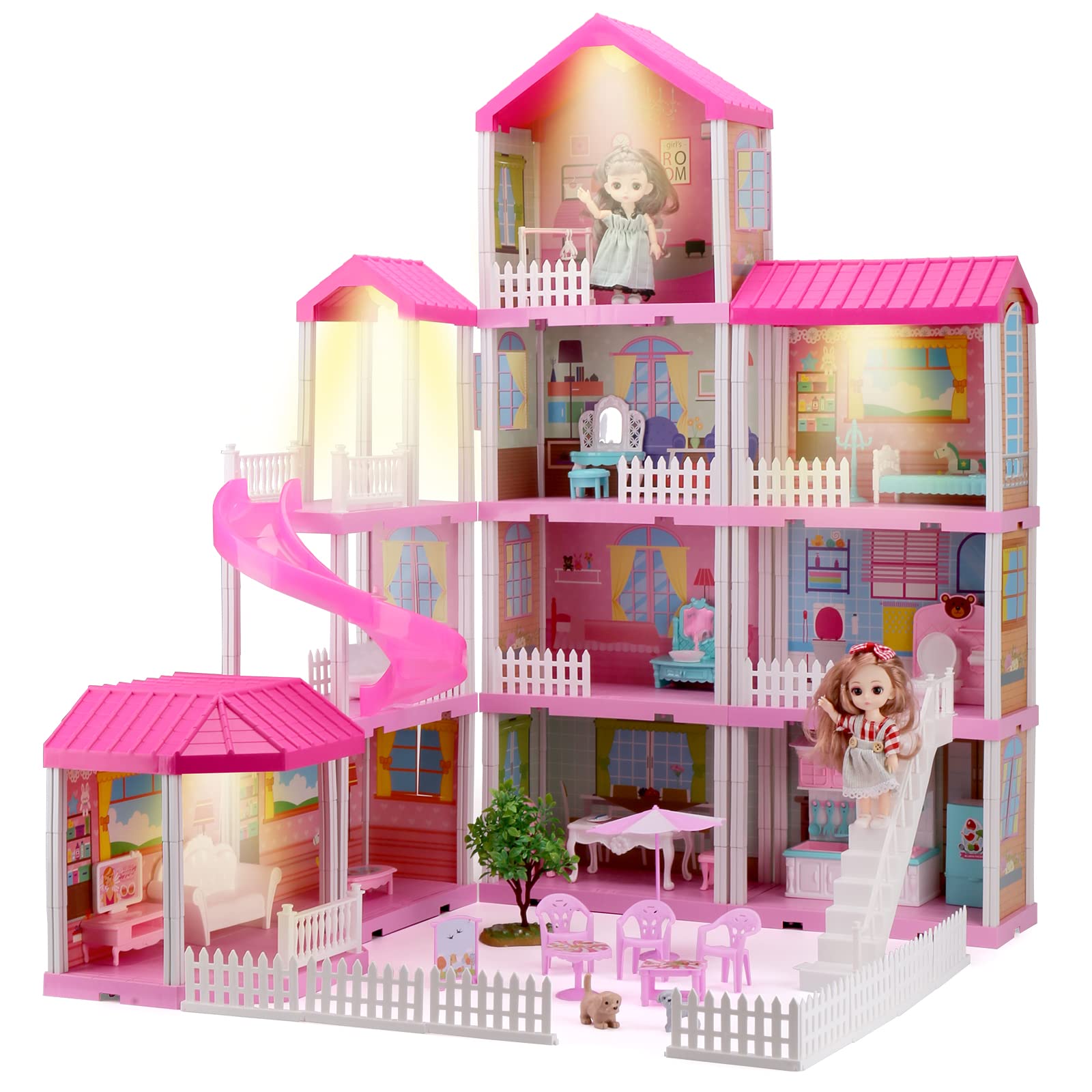Hcfjeh Dollhouse Play House For Dream Girls Birthday Doll House With Lights & Two Dolls & Furniture Accessories, Toddler Diy Princess House Playhouse Pretend Set Toys (11 Room)