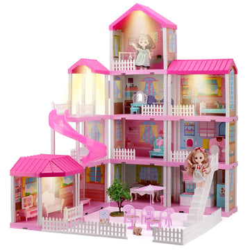 Hcfjeh Dollhouse Play House For Dream Girls Birthday Doll House With Lights & Two Dolls & Furniture Accessories, Toddler Diy Princess House Playhouse Pretend Set Toys (11 Room)