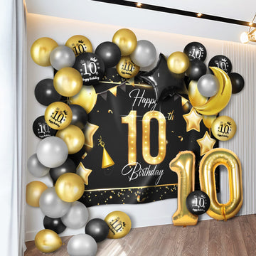 Happy 10Th Birthday Balloons Gold Set Decor - Cheers To 10 Years Old Party Theme Garland Star Moon Banner Backdrop Decorations F