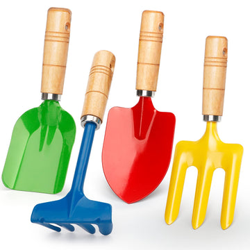 Metal Garden Tool Set with Scoop Leaf Rake  Fork Hoe Sand Toy for Kids mature-themeds  Toddler Beach Sandbox Shovels Kit  Beach Garden Gear Accessories Gift for Outdoor Digging Treasure Hunt(4PCS)