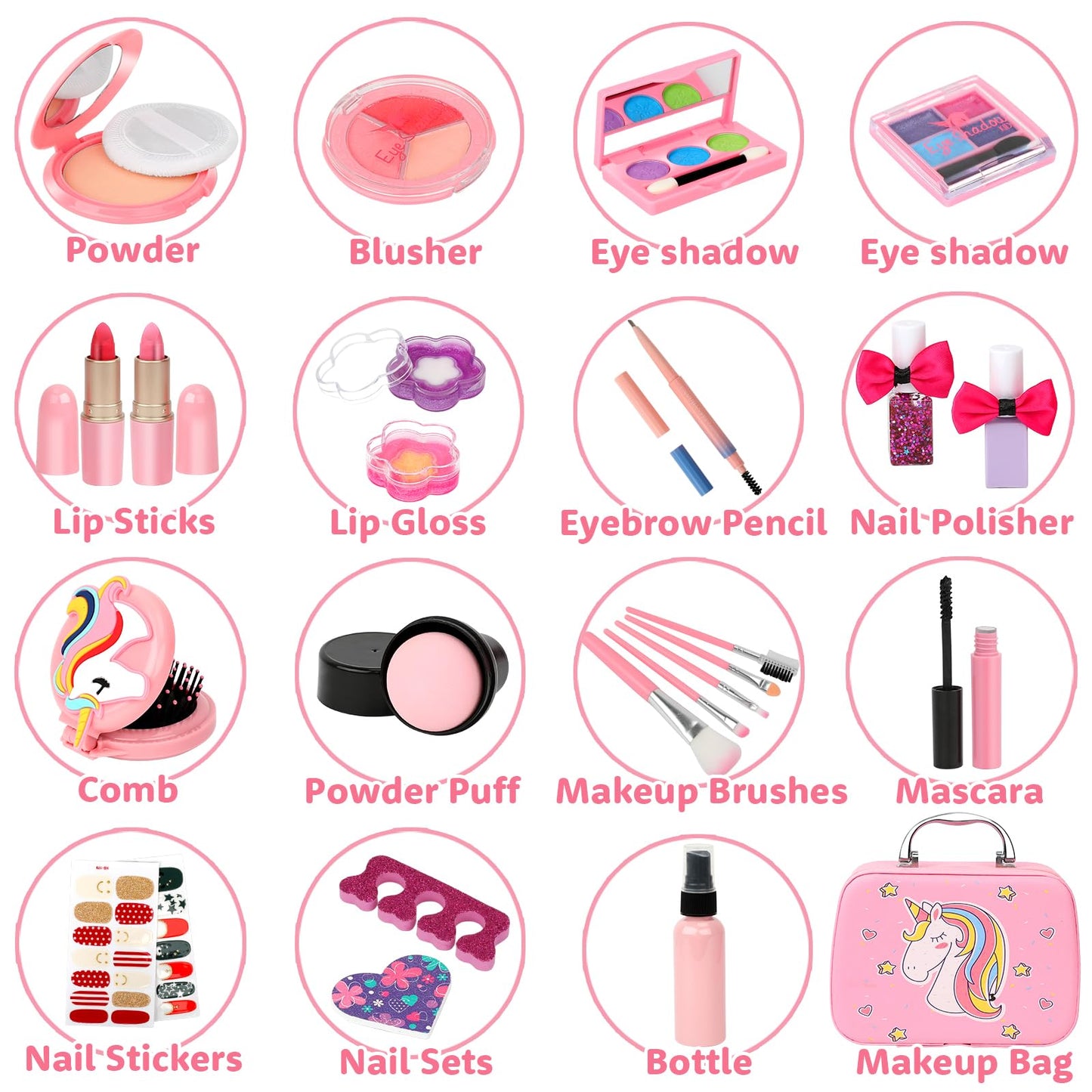 Flybay Kids Makeup Kit - Washable Makeup Set for Girls, Pink, Model Flybay-Makeup-02, Ideal for Ages 4-8, Great Gift for Birthdays & Christmas