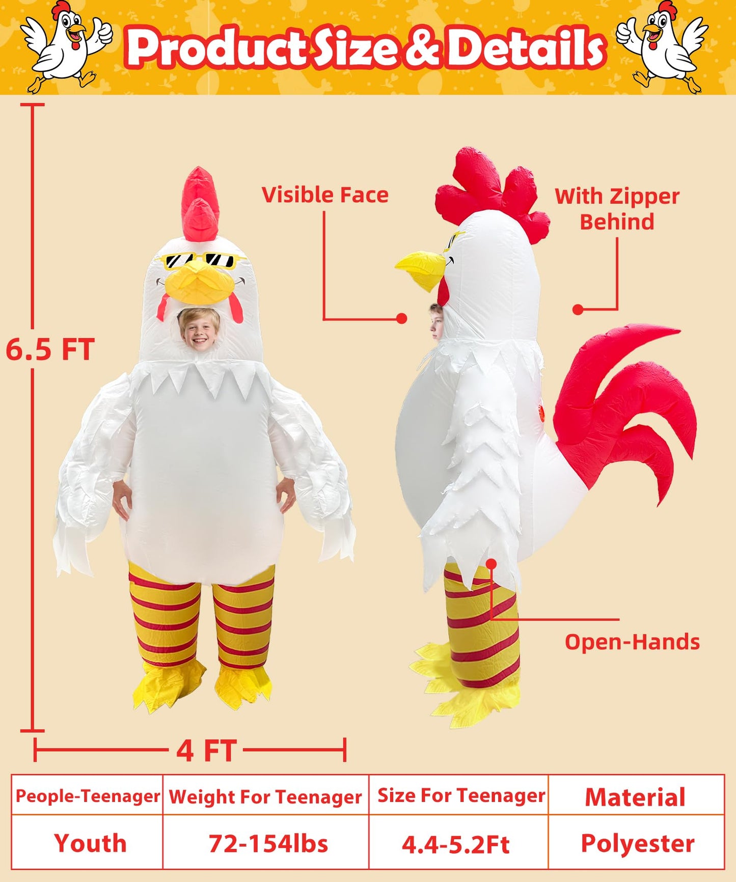 Camlinbo Halloween White Rooster Inflatable Costume  Funny Chicken Wearing Sunglasses Full Body Blow Up Costumes for Kids Boys Girls  Visible Face Halloween Inflatable Costume for Cosplay Party