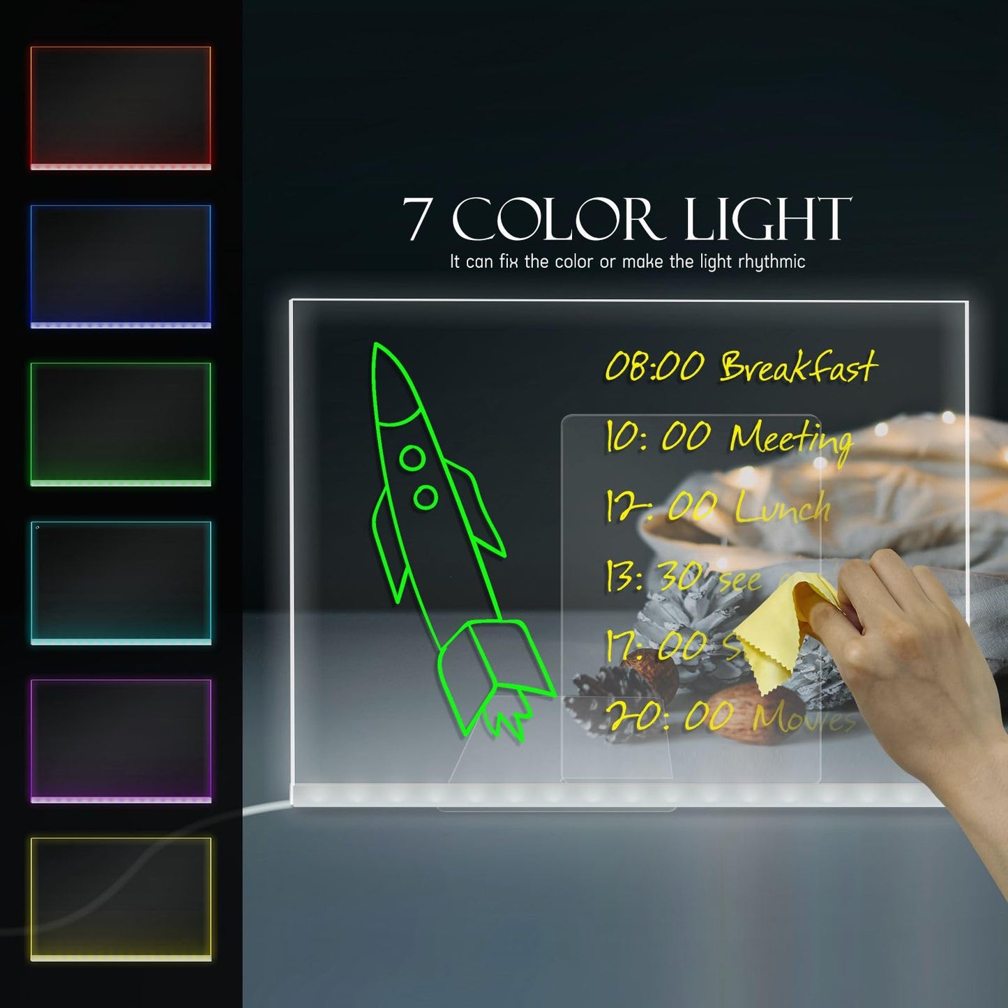 Masshomi 15 * 11 inch 7 Color Change LED Glowing Message Acrylic Writing Board dimming Remote Control Timer Plug in 7 Color Mark