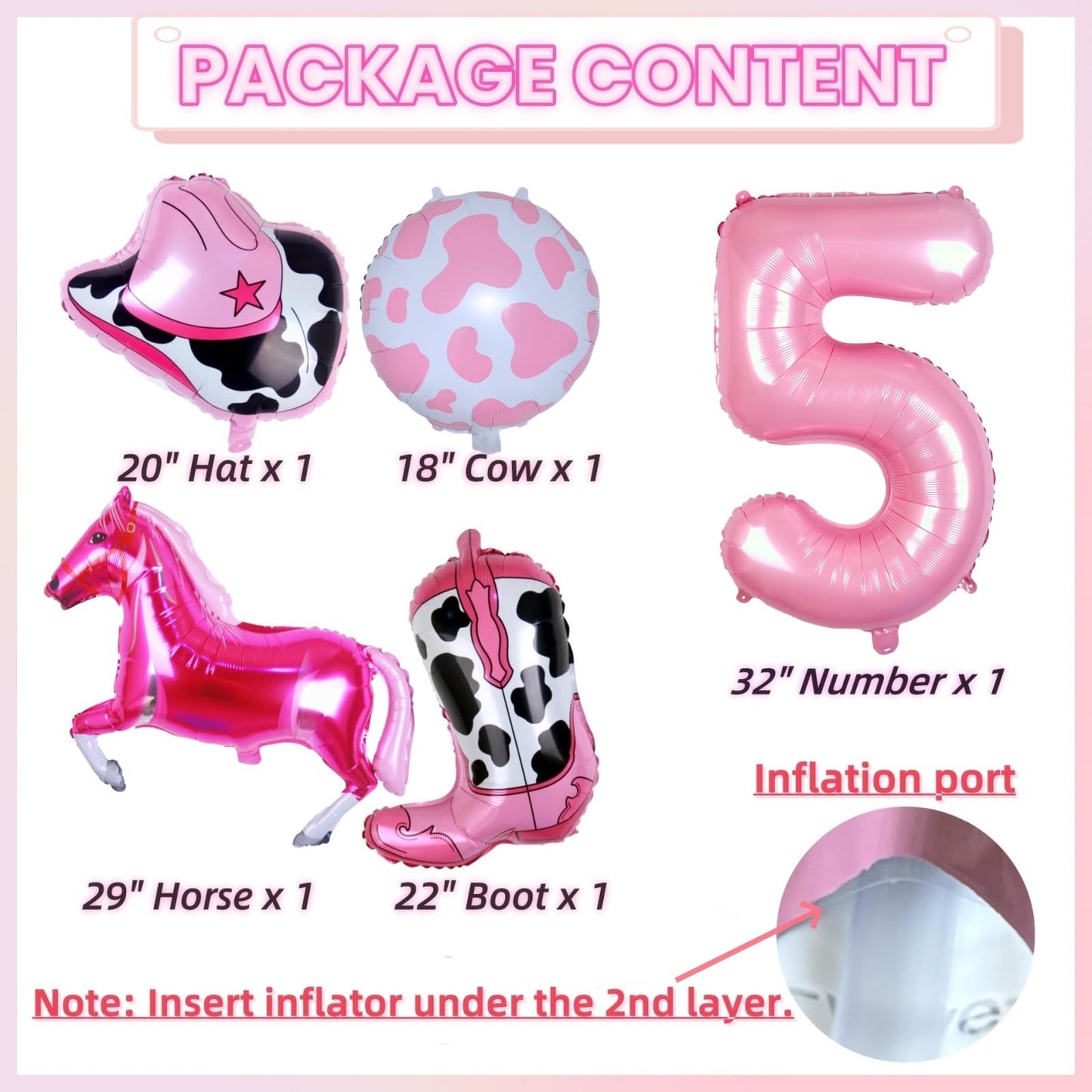 Kwuz Western Cowgirl Balloons Pink 5th Birthday Party Decorations, Retro Horse Cowgirl Hat Boot Balloons Girls Western Theme Rod