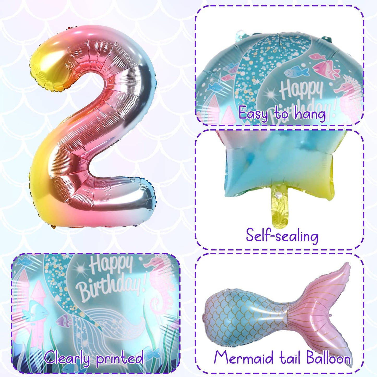 Mermaid Balloons 2Nd Birthday Decorations, 8Pcs Mermaid Party Decorations Balloons, 40 Inch Rainbow Number 2 Balloon, Large Helium Foil Mermaid Tail Balloon, Seashell Balloons For Girls' 2Nd Birthday