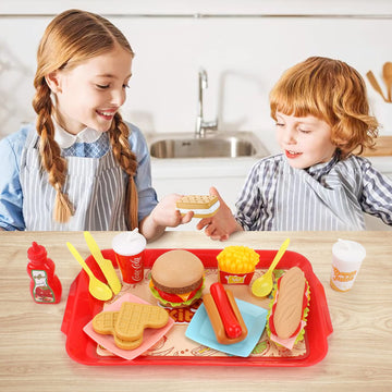 Sotodik Pretend Play Food Set for Children,Removable Fast Food Playset with Tray Hamburger Hotdog Fries Combo,Play Kitchen Acces