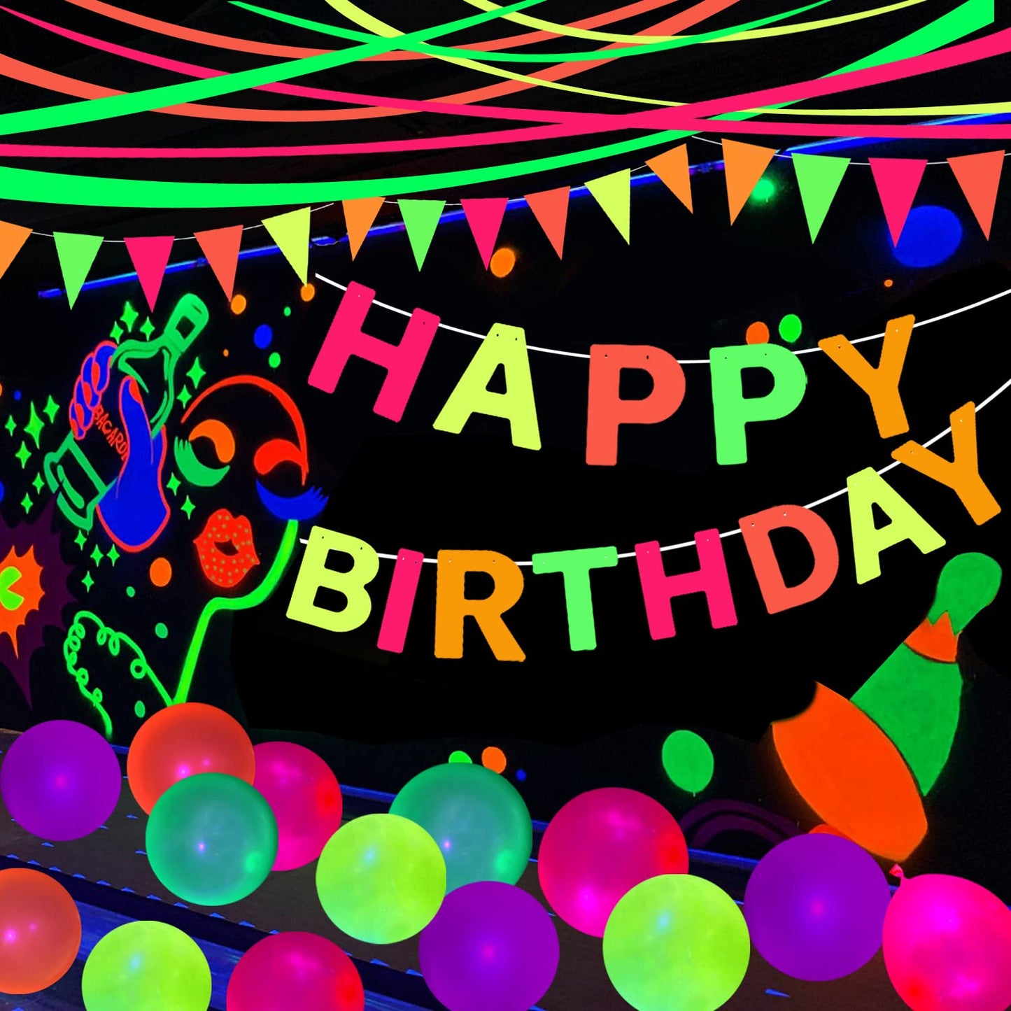 UV Neon Happy Birthday Banner Glow in the Dark Glow Party Supplies Decorations Glow in the Dark Blacklight Reactive Fluorescent
