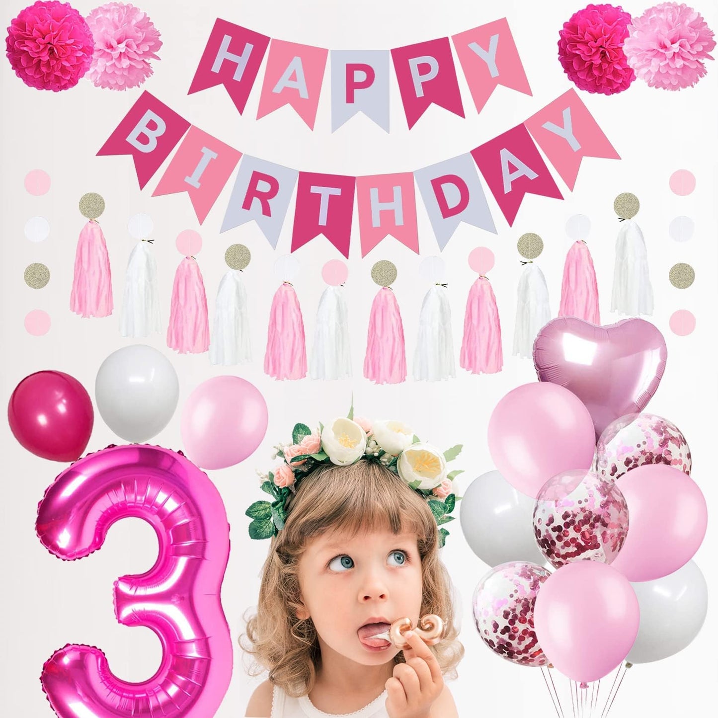 Sweet 3Rd Birthday Decorations For Baby Girl, Pink And White 3 Happy Birthday Balloons,3Rd Birthday Party Supplies For Daughter