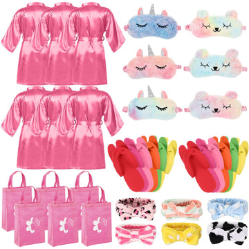 Shihanee 30 Pcs Spa Party Supplies For Girls, 6 Satin Robe 6 Kids Slippers Sleepover Birthday Spa Party Favors (Pink)