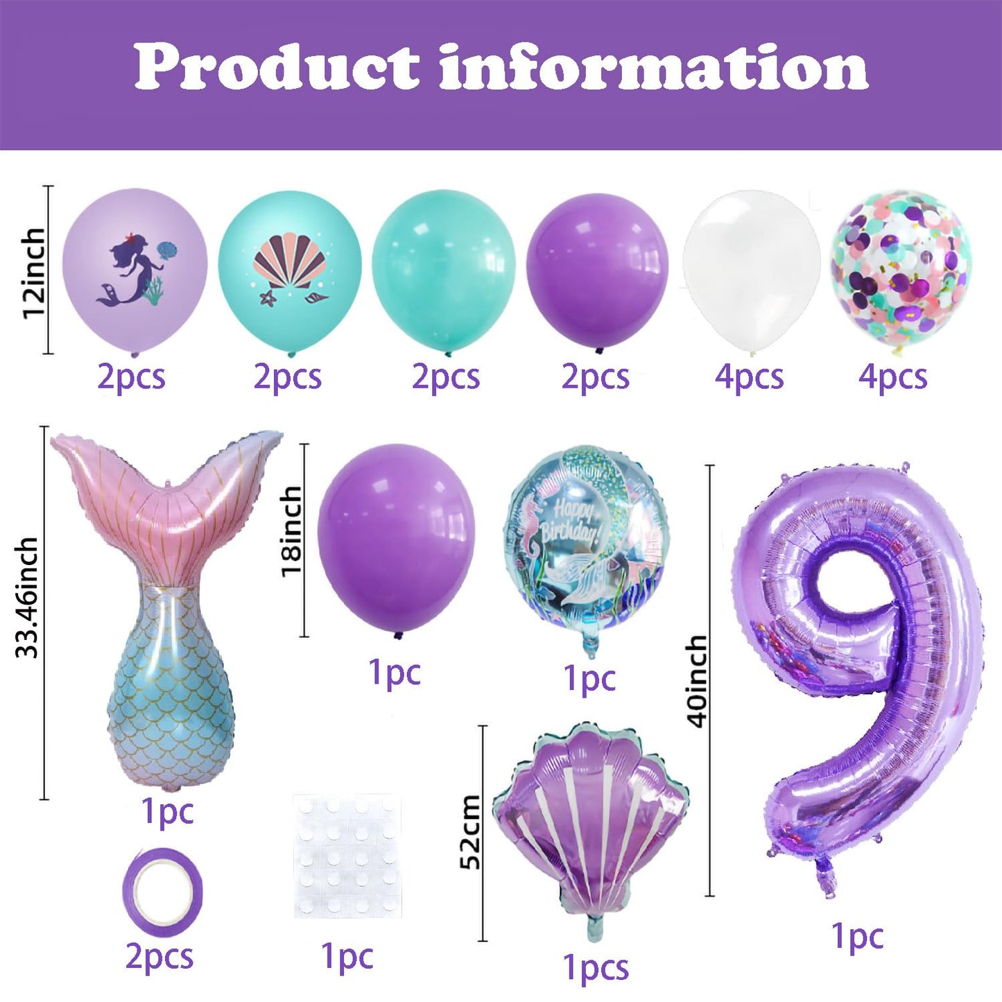 40 Inch Purple Number 9 Balloon,Giant Large Number 9 Balloon,9Th Birthday Mermaid Balloons,Children'S Birthday Party Baby Shower