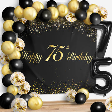 Happy 75Th Birthday Balloons Black Set Decor - Cheers To 75 Years Old Party Theme Garland Banner Backdrop Decorations For Women