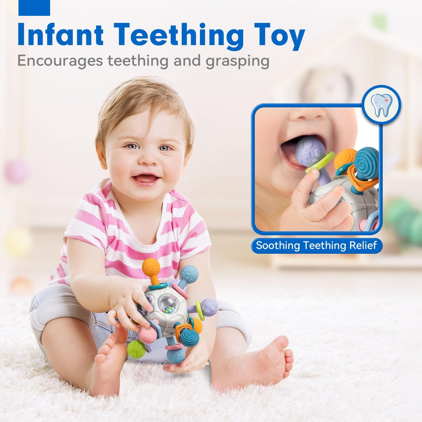 Springflower 3 In 1 Montessori Toys For Babies 0-3-6-12 Months, Rattle Teether & Baby Blocks & Soft Stacking Rings, Sensory Developmental Education Toys,Gift For Toddler Baby 0-3-6-12-18 Months