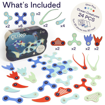 Clixo Ocean Creatures Pack - Glow-In-The-Dark Magnetic Building Toy - 24 Flexible Magnet Pieces For Underwater Exploration & Adventure. Imaginative Stem Toy. Kids Gift & Travel Toy. Ages 6+ [New]