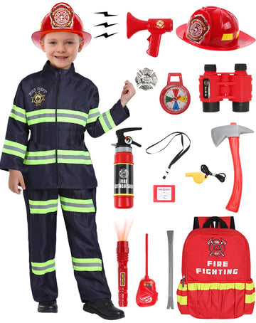 Firefighter Costume Kids 15 Pcs Fireman Dress-Up Toy Set Toddler Halloween Costumes Boys Girls Fire Fighter Hat With Gear Bag Ac