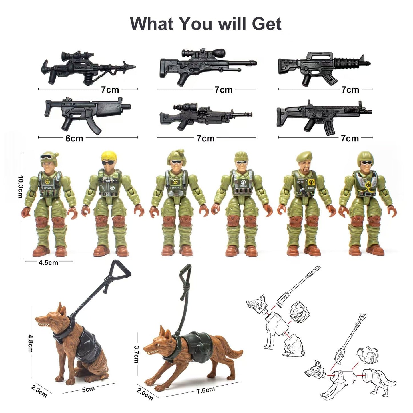 Baimiby Army Men Action Figures Toy Soldiers for Boys Age 4-7 Military Playset 6Pcs Army Toys with 2 Dog Figures and 6  Army Toy Set Birthday for Toddler 3+