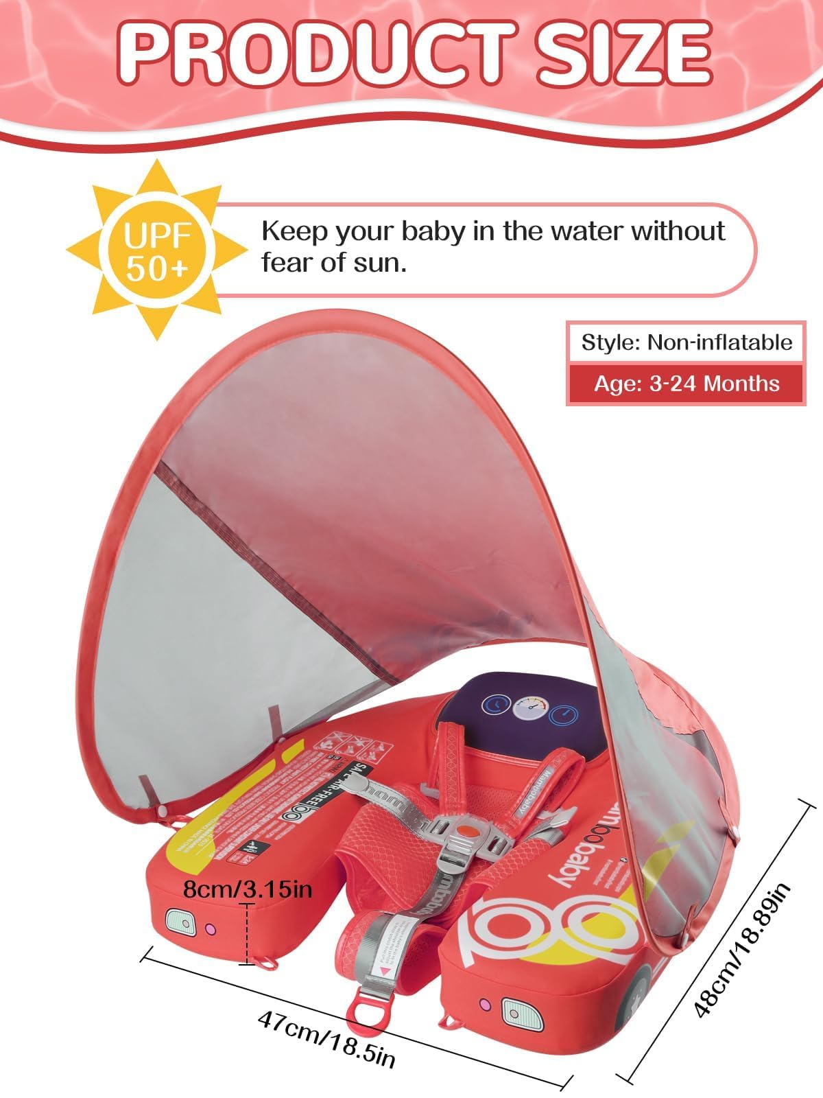 Mambobaby Baby Pool Float with Canopy  Kalolary Non-Inflatable Baby Swim Float Infant Swim Trainer Ring Toddler Pool Float with Adjustable Strap & Tile for 3-24 Months Age Boys Girls (Red Car)