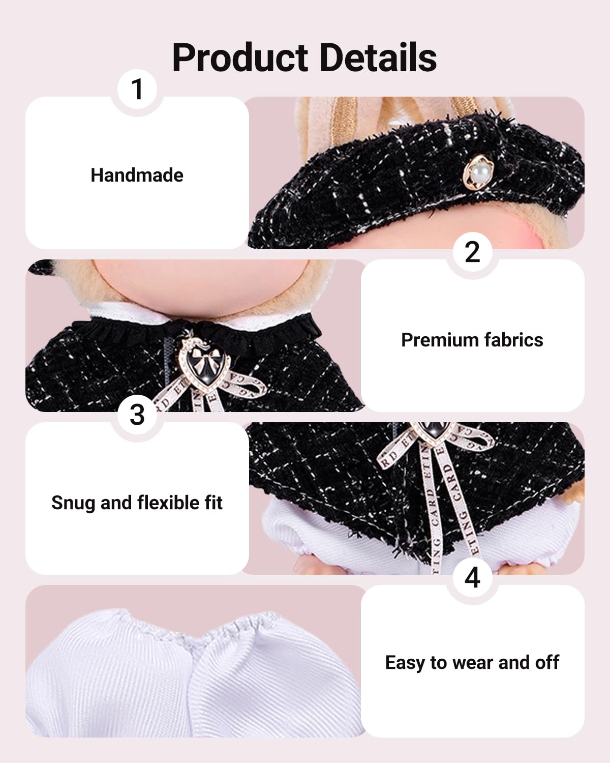 4pcs Handmade 15cm/17cm Doll Clothes Outfit for Labubu Accessories (No Doll)  enhanced Clothes for Dolls with Hat  Shawl  Pants & Bag  Cute Fashion Clothes for Girls Boys Collectors (Black) AK054BK