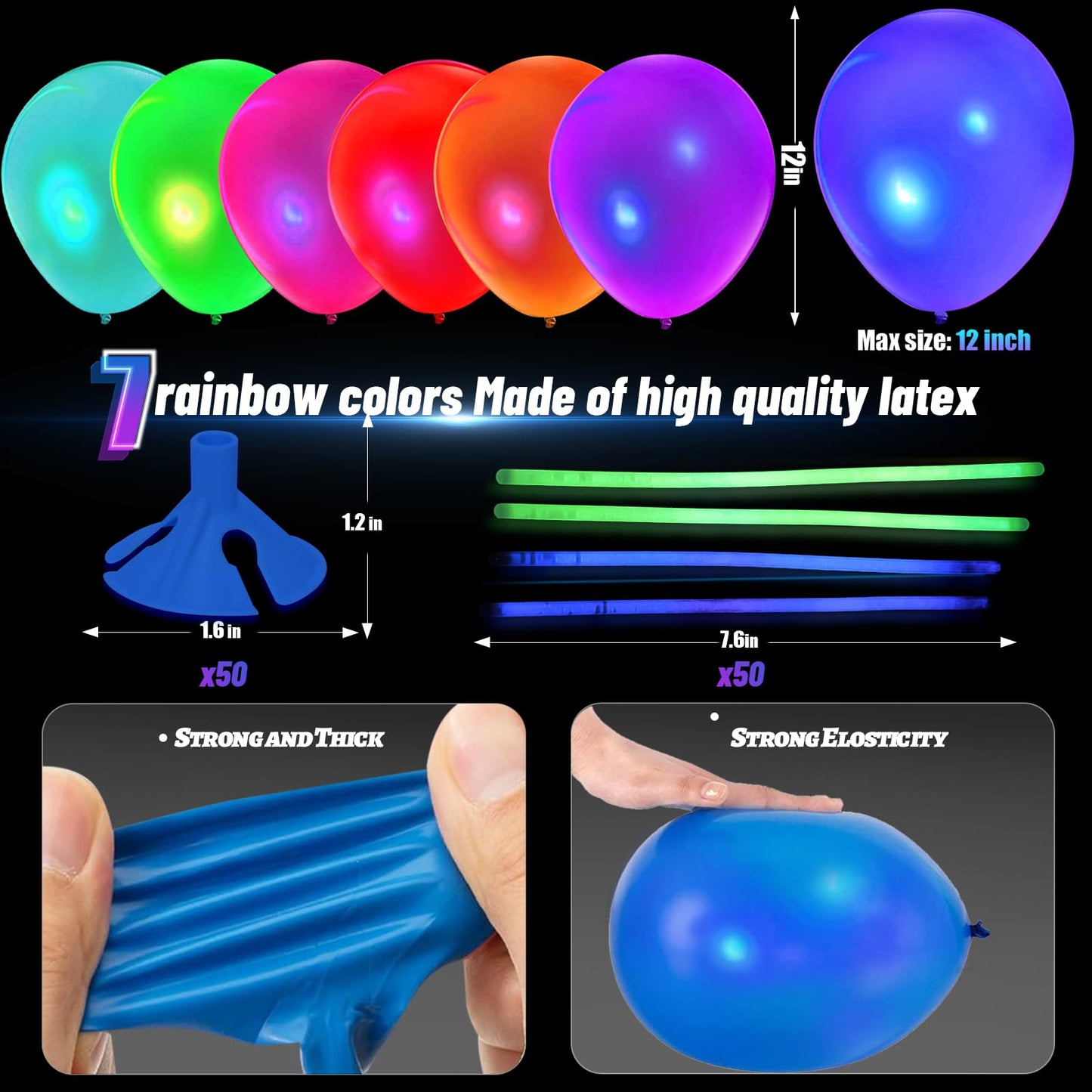 50 Pcs Uv Neon Balloons & 50 Pcs Glow Sticks & 50 Pcs Balloon Stick Holders For Glow In The Dark Birthday Decoration Wedding Glo