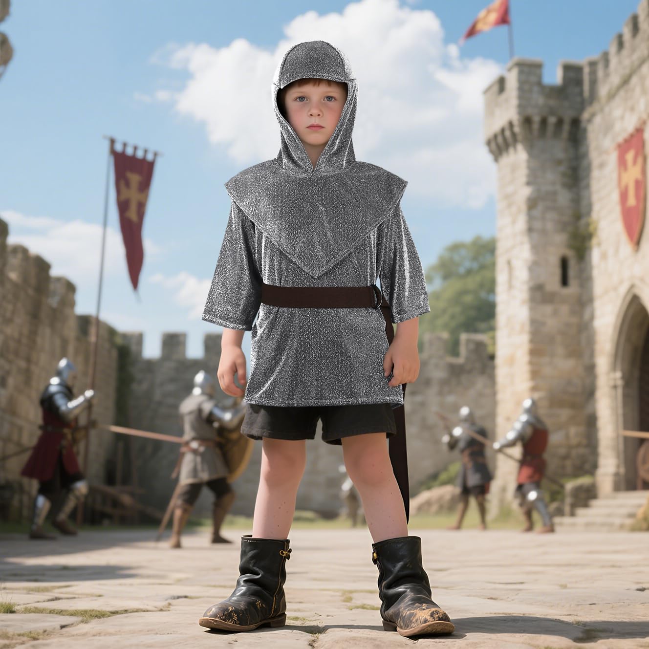 Chain Mail Costume Kids Medieval Knight protective covering Set with Hood & Belt for LARP Halloween Cosplay 3'4''-3'9''