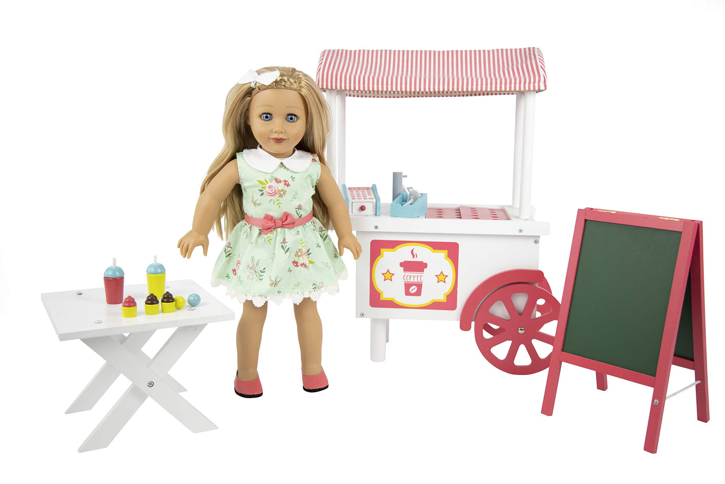 Playtime By Eimmie 18 Inch Doll Furniture - Cafe Food Cart And Dolls Accessories - Wooden Playsets - Fits American, Generation, My Life & Similar 14”-18” Girl Dolls Stuff - Girls Toys
