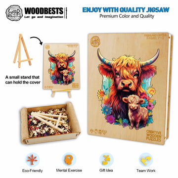 Woodbests Wooden Puzzle For Adults, Highland Cattle Family Puzzle (M, 170Pcs, 9.2'X11.4') Beautiful Wooden Box, Wooden Jigsaw Puzzles Unique Shape, Birthday Gifts For Adults And Kids Family Game