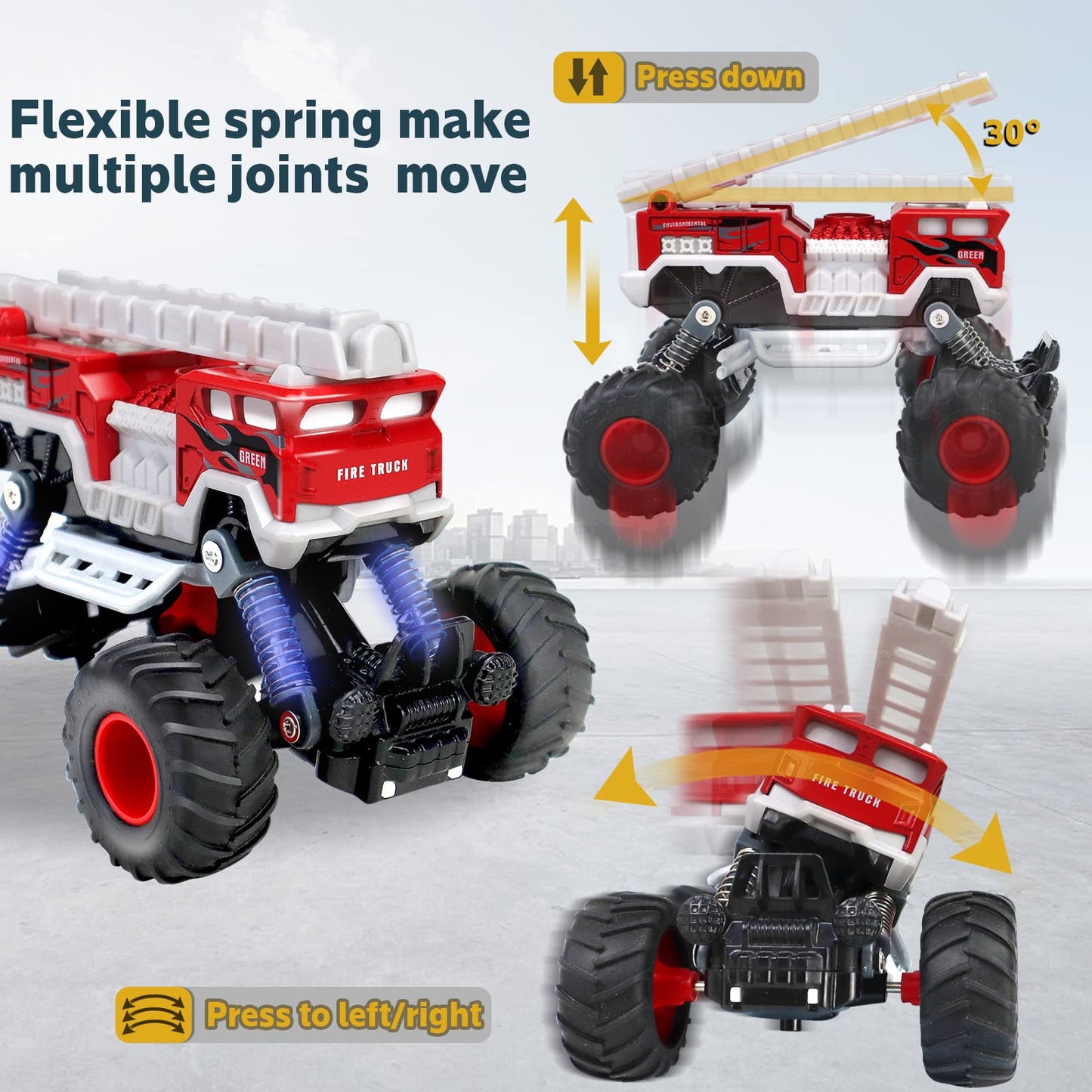CORPER TOYS Diecast Fire Truck, Monster Truck for Boys Girl with Giant Wheel Pull Back Toddler Cars Toy Sand Truck Alloy Firetru