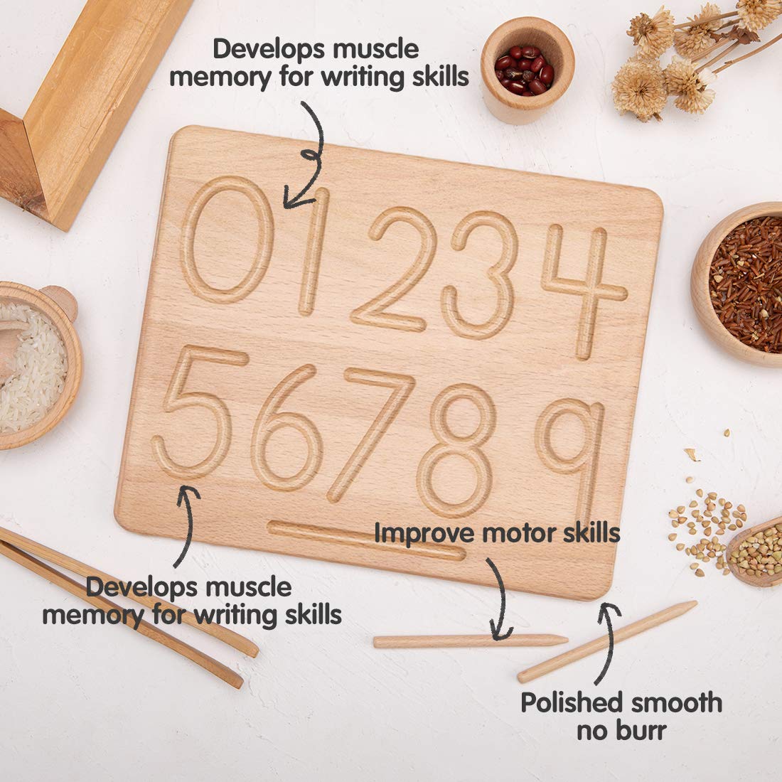 Jetmhh My First Learn To Write Wooden Number Tracing Board Preschool Handwriting Practice For Kids Age 3 4 5 Double-Sided Learni
