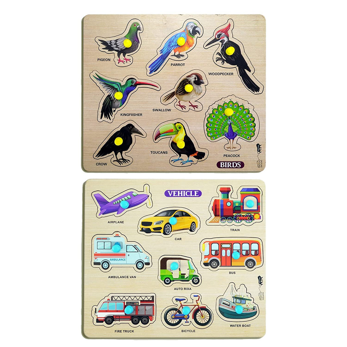 GREST Mini Wooden Vehicles and Birds Puzzle with Knobs, Educational and Learning Game for Kids for Kids