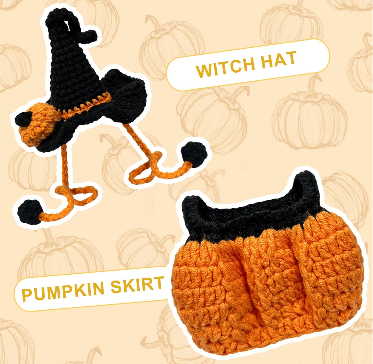 Halloween Clothes for Labubu 2 Piece Handmade Crochet Pumpkin Clothes Accessories for Labubu Outfits with Hat Overall (No Doll Included) (Black)