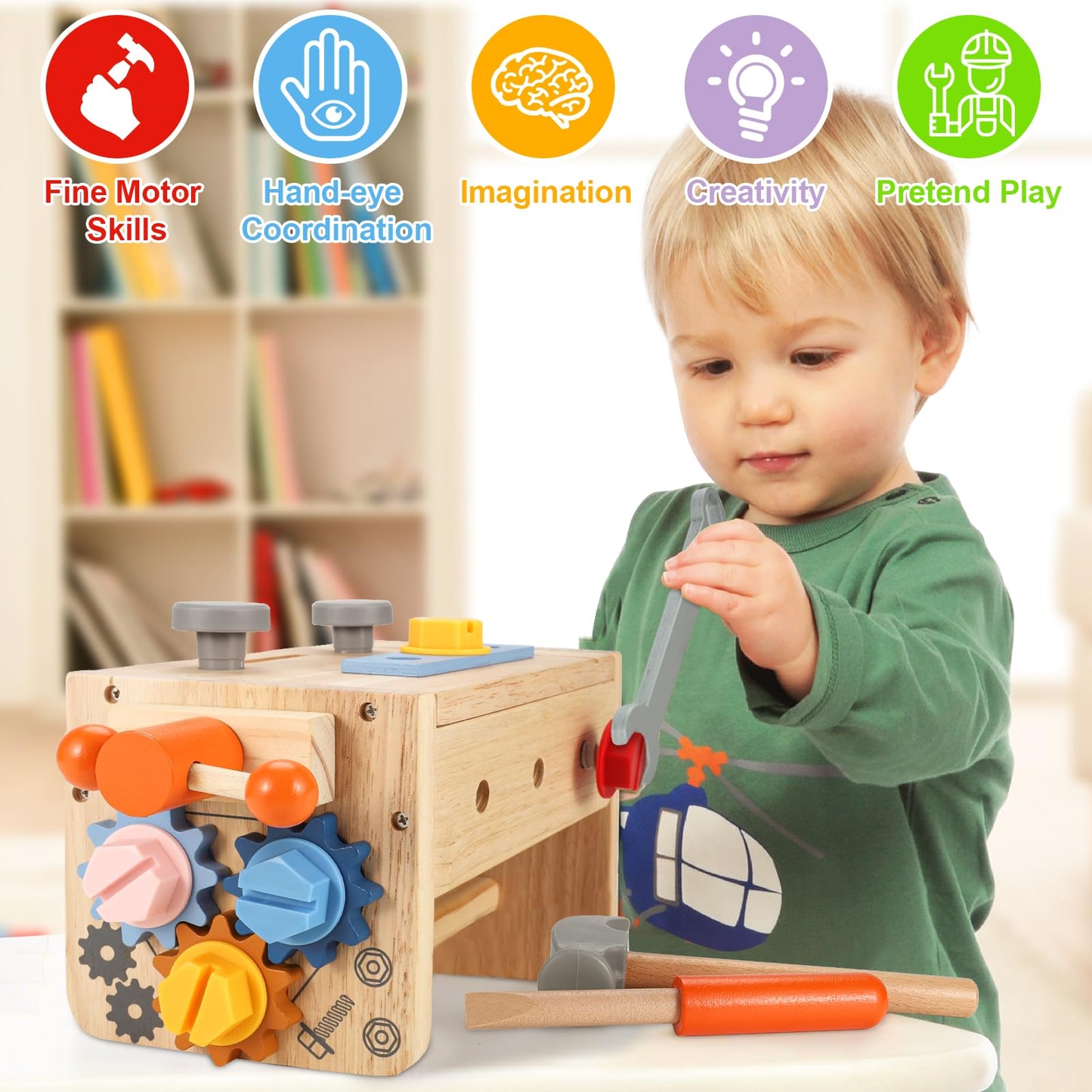 Vextronic Kids Tool Set, 38 PCS Wooden Montessori Toy Tools for Toddlers 1 2 3 4 5 6 with Tool Bench/Box, Play Toddler Tool Set,