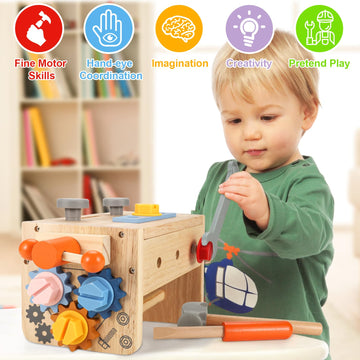 Vextronic Kids Tool Set, 38 PCS Wooden Montessori Toy Tools for Toddlers 1 2 3 4 5 6 with Tool Bench/Box, Play Toddler Tool Set,
