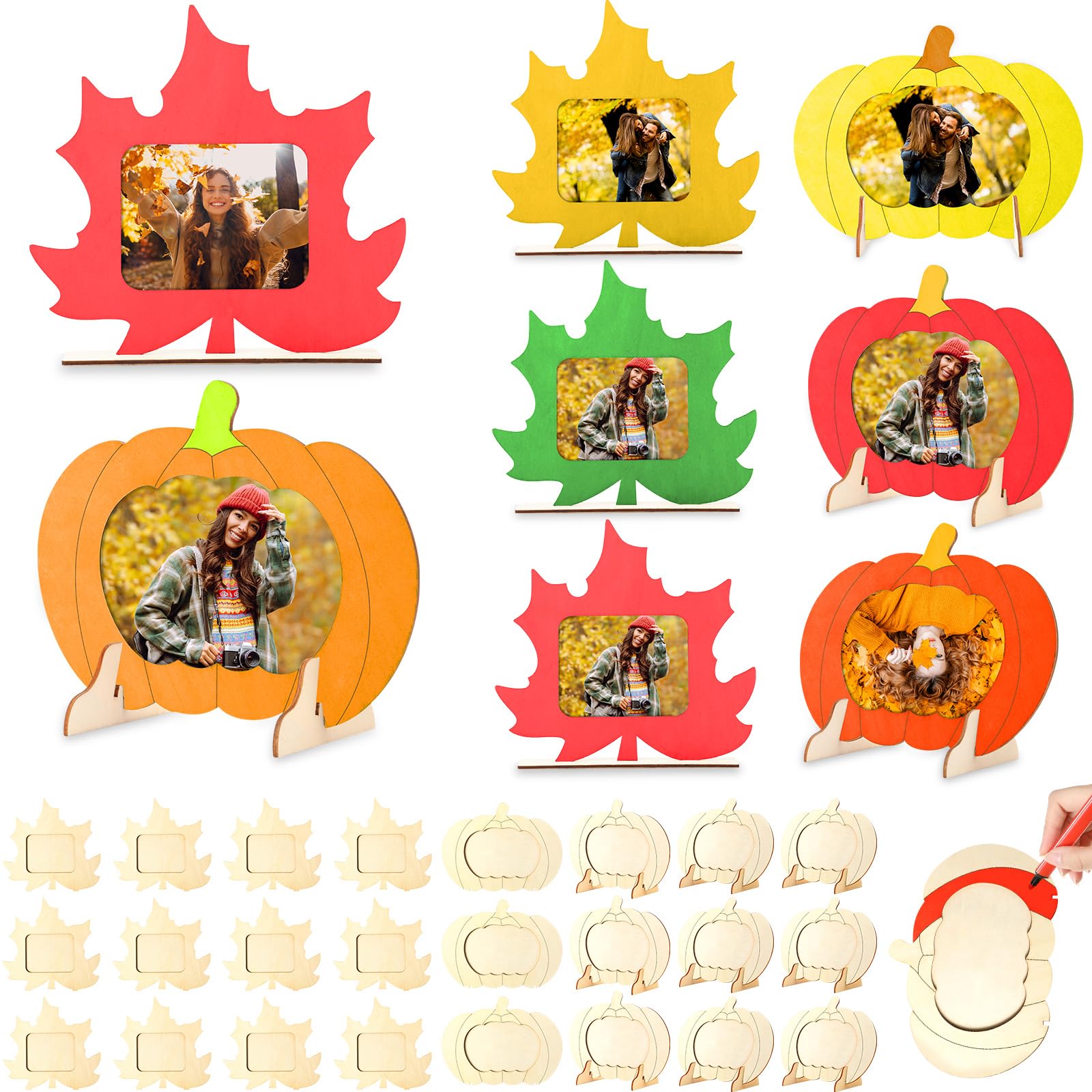 Geelin 24 Pack Thanksgiving DIY Picture Frame Craft Kits Wooden Pumpkin Maple Leaf Photo Frames Bulk Fall Thanksgiving Crafts fo