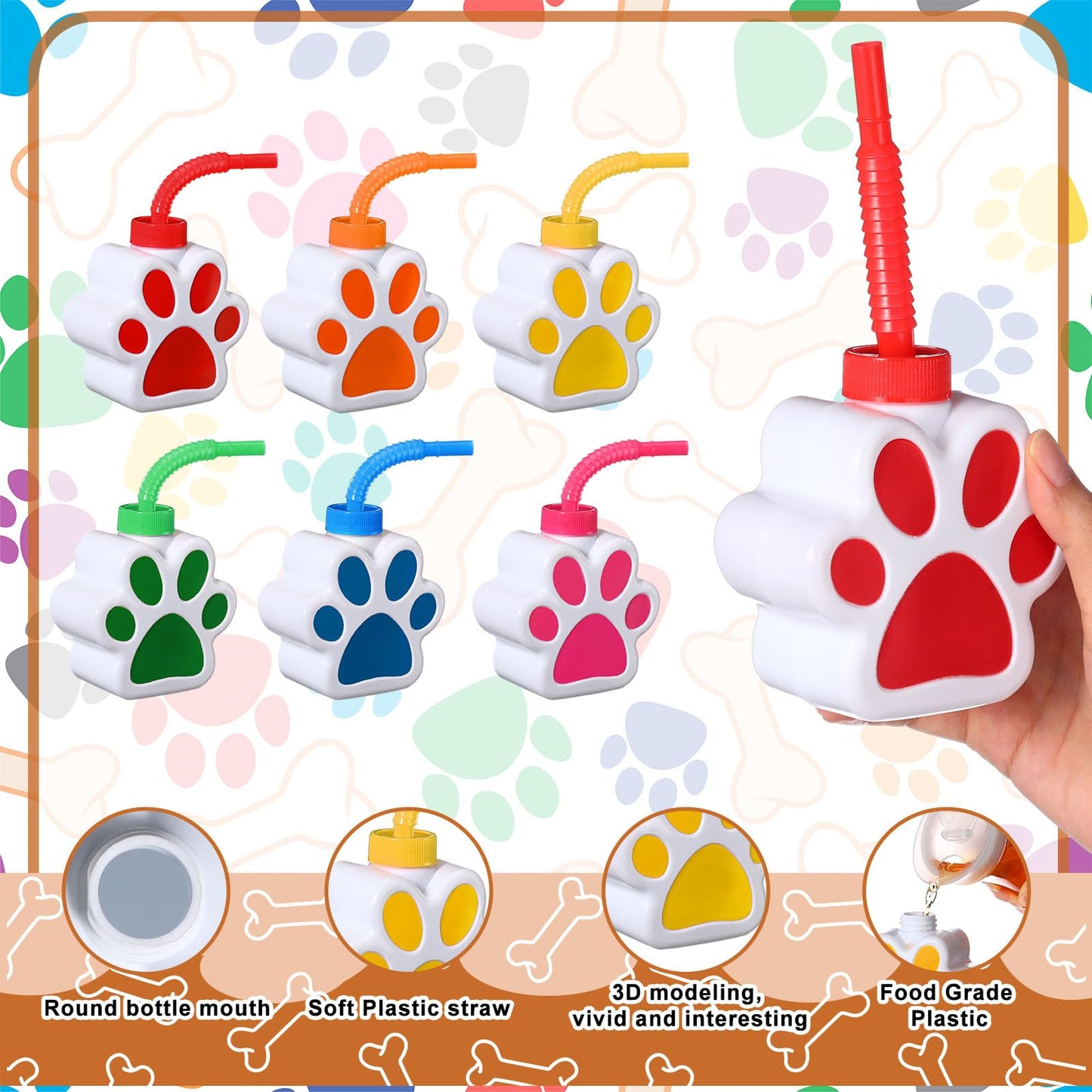 Sratte 10 oz Dog Paw Cups with Straw and Lid Dog Themed Birthday Party Supplies, Cute Print Plastic Puppy Drinking Cup Bulk for