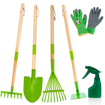 Amtreen Kids Gardening Tools Set - 6Pcs Detachable Garden Tool Kit With Gloves, Shovel, Rake, Hoe, Leaf Rake & Spray Bottle - Wooden Handles With Hanging Hole, Perfect Outdoor Toy Gift For Ages 3-5