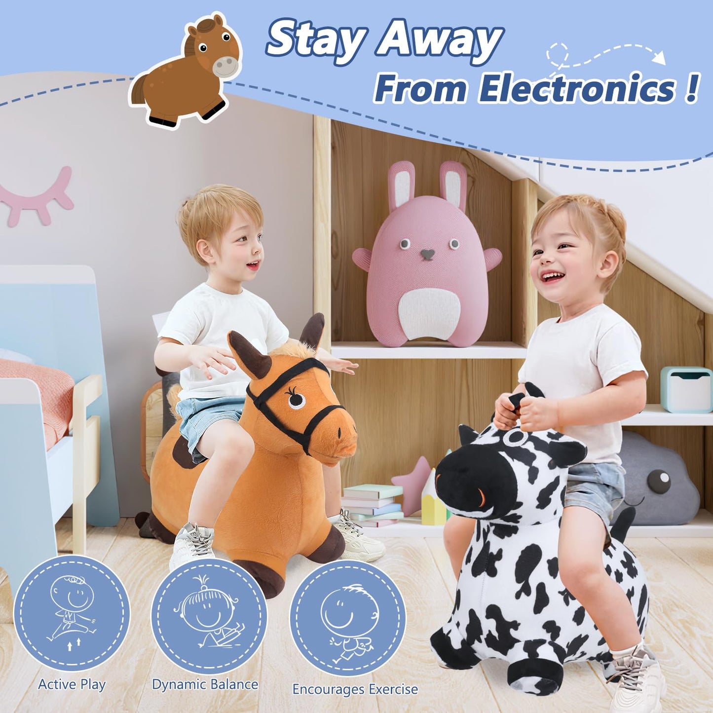 Ekepe Bouncy Hopper Cow & Horse 2 Pcs, Inflatable Hopping Outdoor Ride On Bouncy Animal Play Toys With Pump, Birthday For Kids,