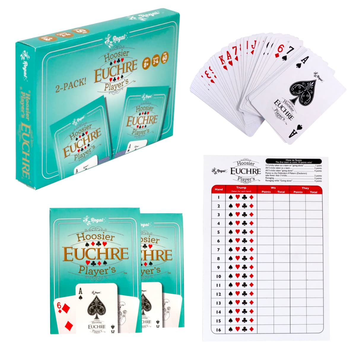Regal Games Euchre Card Game Set - 2 Pack with Score Sheets for 2-4 Players - Durable Cardstock - Ideal for Family Game Night