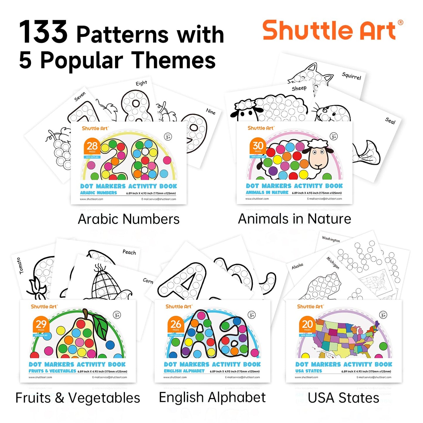 Shuttle Art Dot Markers, 36 Colors Washable with 135 Activity Sheets, 5 Activity Books, Fun Art Supplies for Kids Toddlers and P
