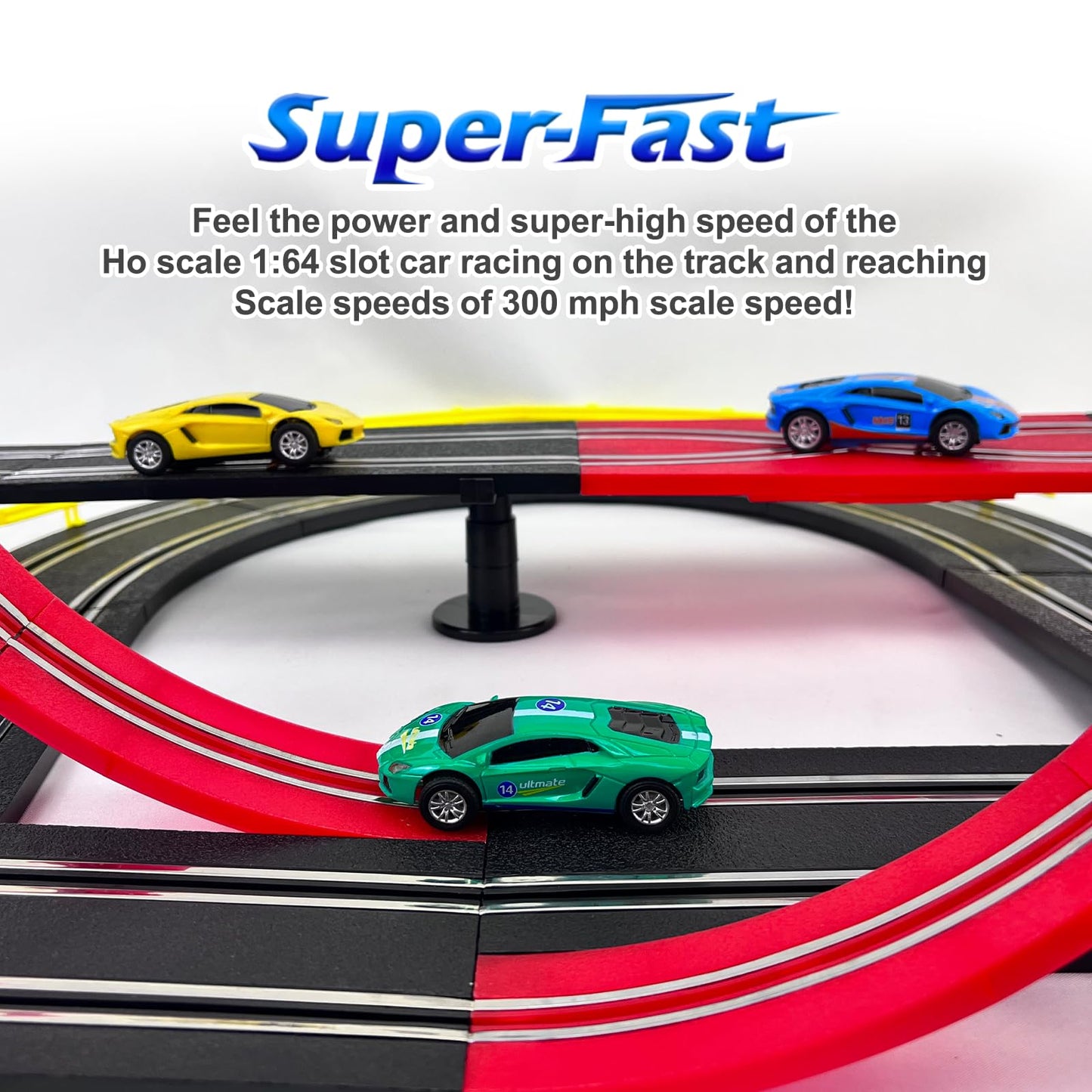 Gincho High Speed Series Tram Dual Track Set, 4.1M Electric Track With 3 Vehicles Slot Car Racing, Comes With 2 Hand Controls An