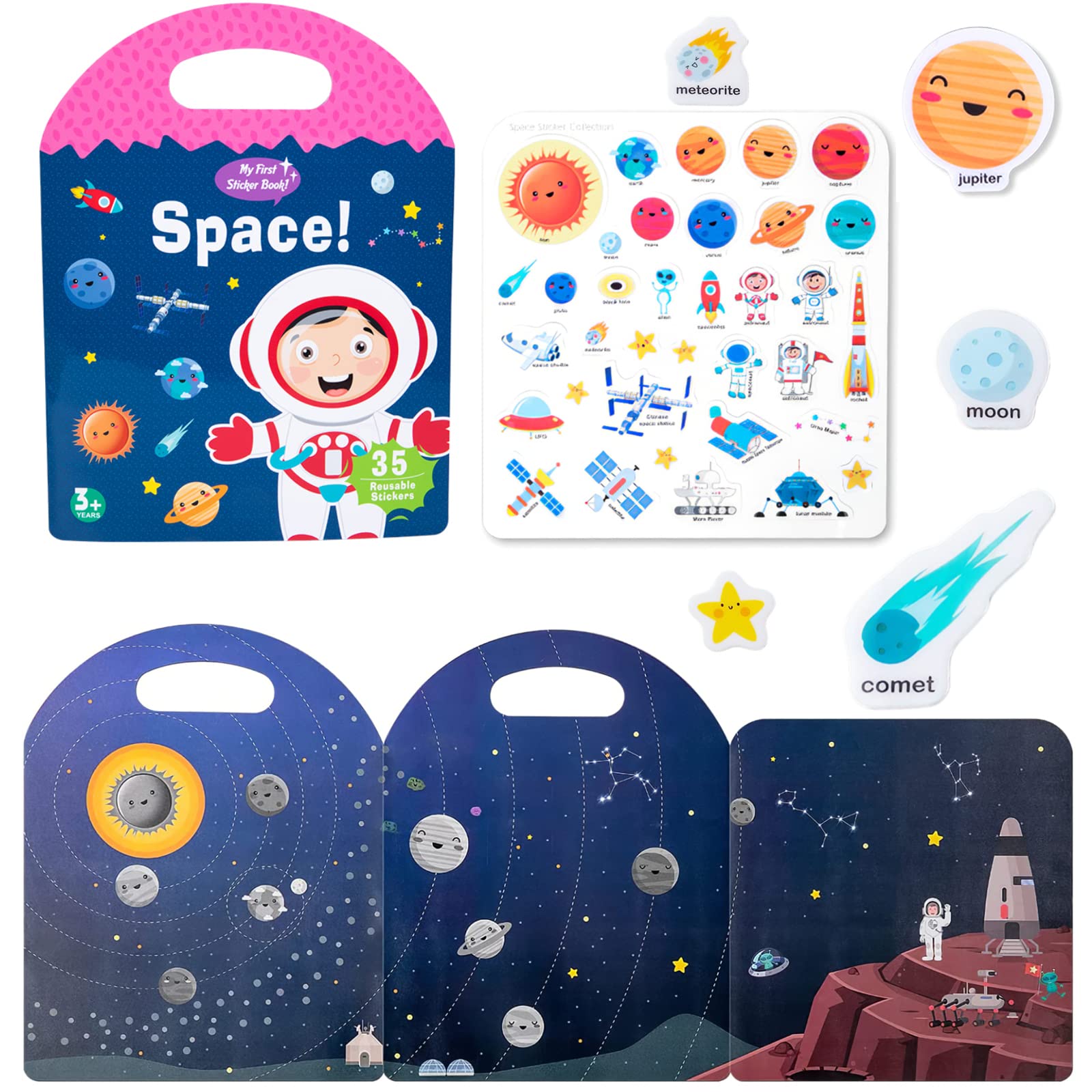 Mikneke Portable Jelly Sticker Quiet Book For Toddlers, Montessori Busy Book, Preschool Learning Activities Travel Toys (Space)