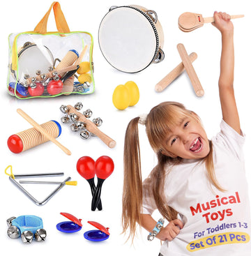 Toddler Educational & Musical Percussion For Kids & Children Instruments Set 21 Pcs – With Tambourine, Maracas, Castanets & More – Promote Fine Motor Skills, Enhance Hand To Eye Coordination,