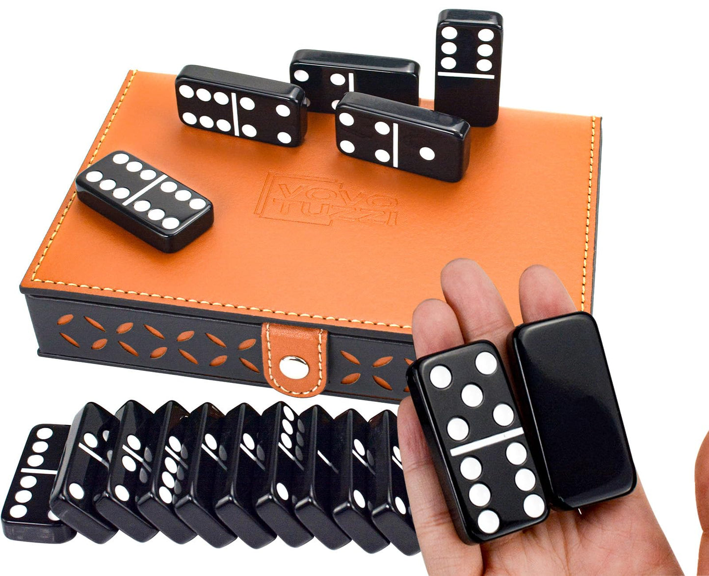 Vovotuzzi Double 6 Domino Set - Classic Black Acrylic Game for Adults & Kids, 7.42×5.04×1.44 inches, Perfect for Family Nights & Travel